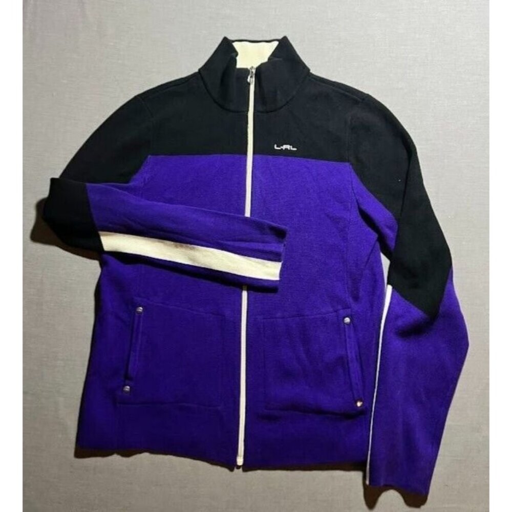 Lauren Ralph Lauren Track Jacket Womens L Purple Black Zip Long Sleeve.